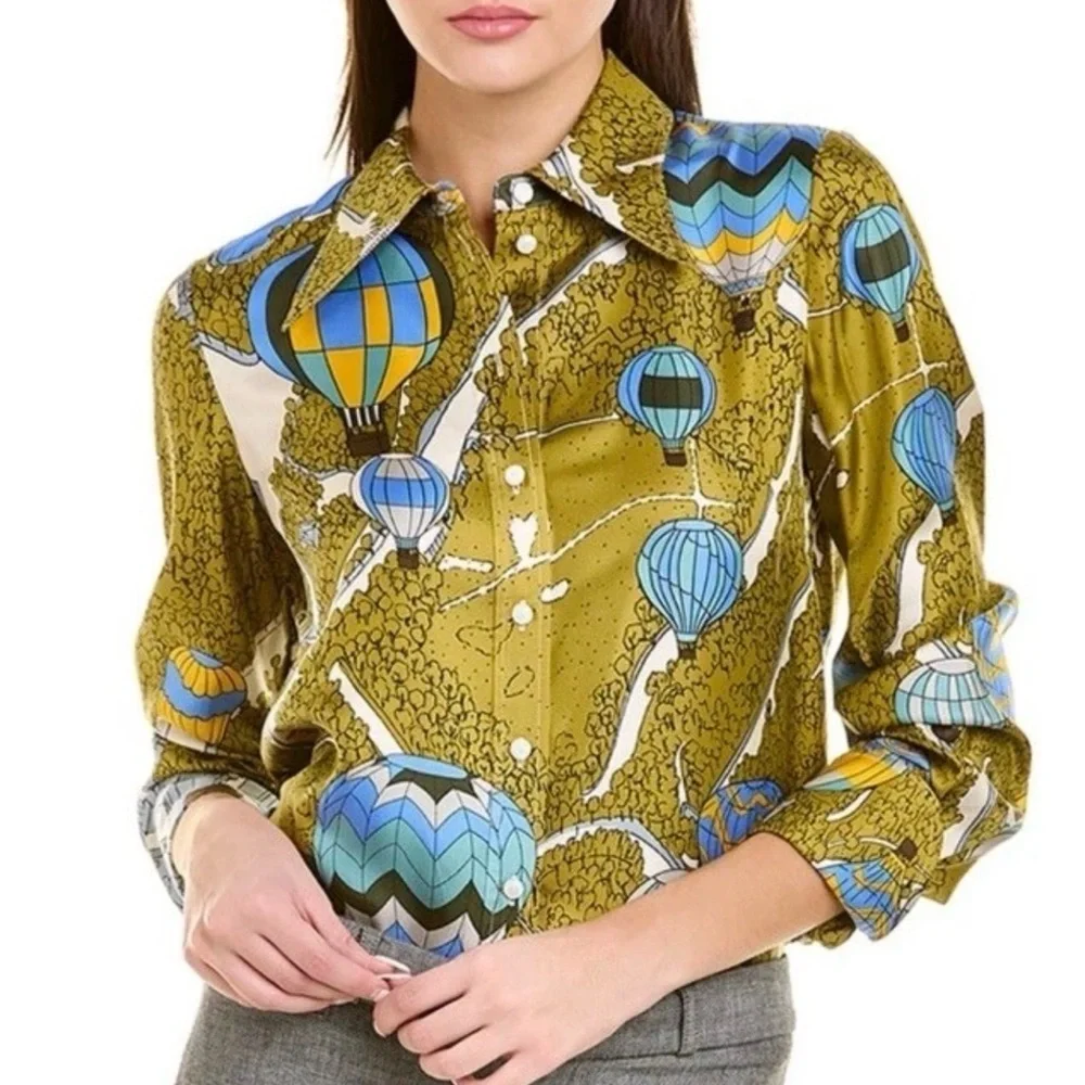 Tory Burch Green and Blue Hot Air Balloon Print Silk Twill Blouse Size 8 EUC
